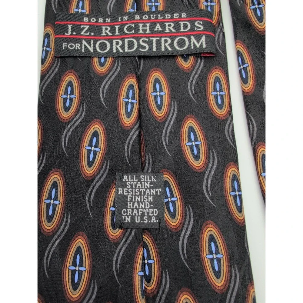 Vintage J.Z.‎ Richards Silk Tie Black Geometric Oval Medallion Pattern Made USA